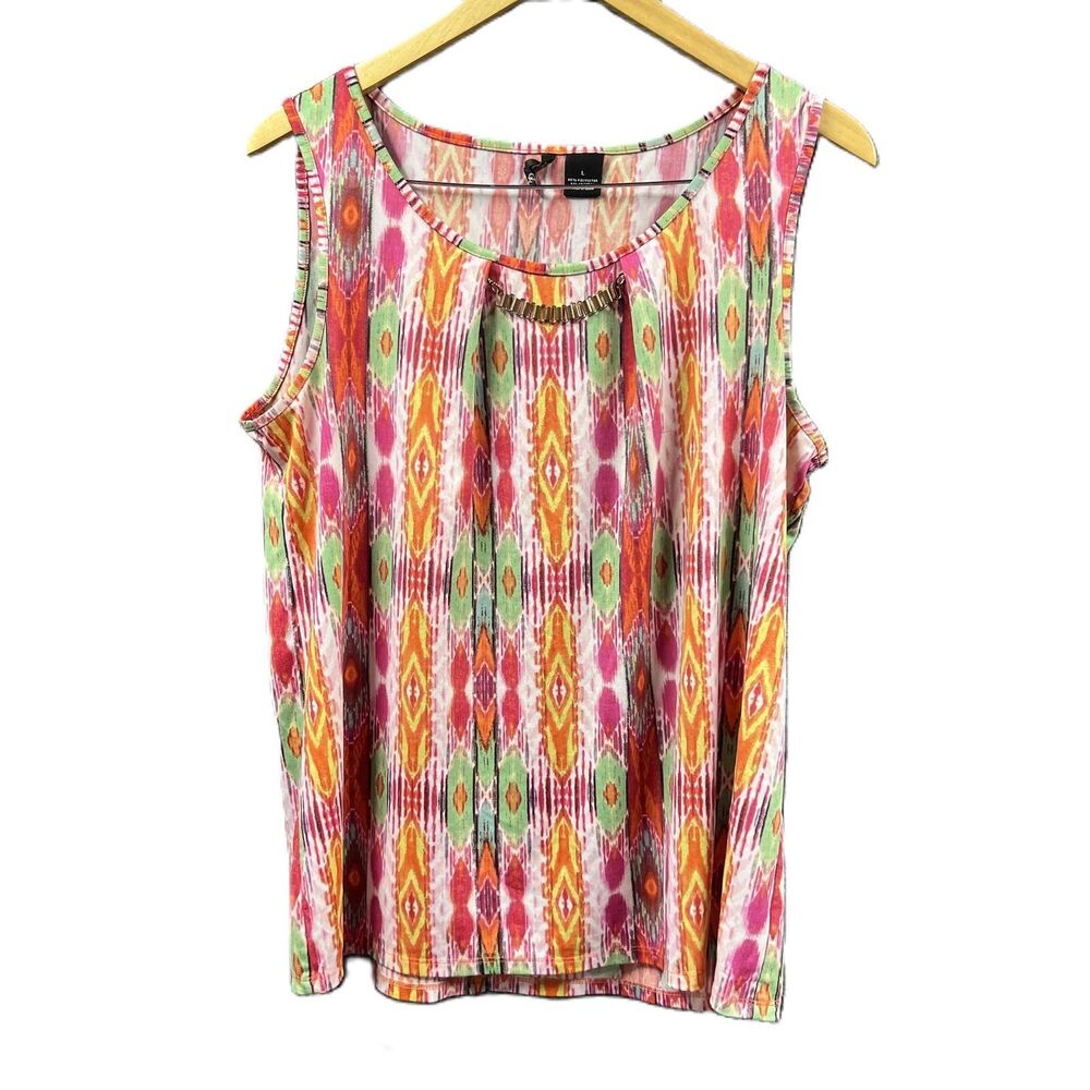 New Directions Blouse Women Large Colorful Geometric Sleeveless Round Neck Top